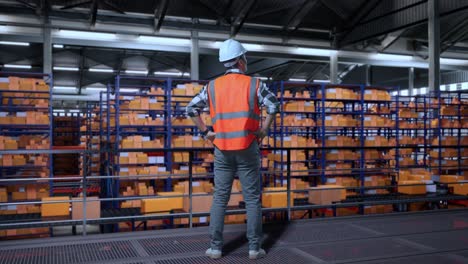 full body back view of asian male engineer with safety helmet in the warehouse with shelves full of delivery goods. standing with arms akimbo looking around, checking the stock on racks