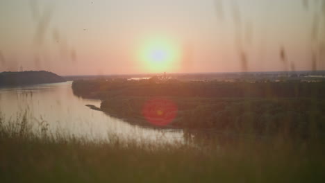 a peaceful lakeside scene at sunset with tall grasses swaying gently in the foreground, surrounded by lush greenery, bathed in a warm, golden glow that illuminates the serene landscape