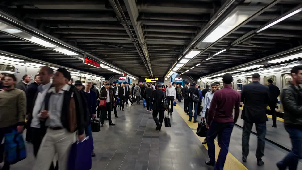 Bidikan video sudut lebar platform stasiun kereta api yang ramai saat senja, menangkap komuter yang bergerak
