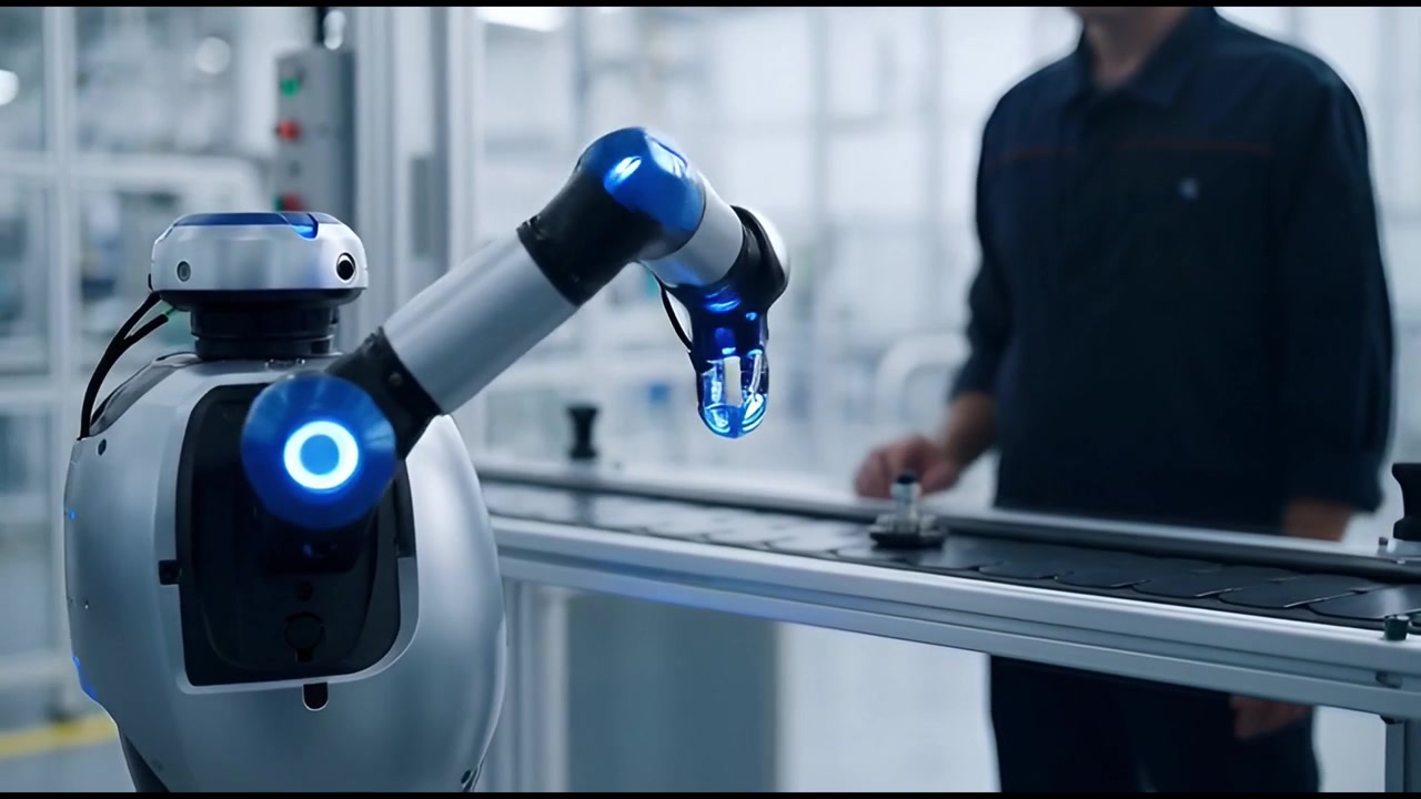 Robot humanoide y trabajador colaborando en una línea de montaje