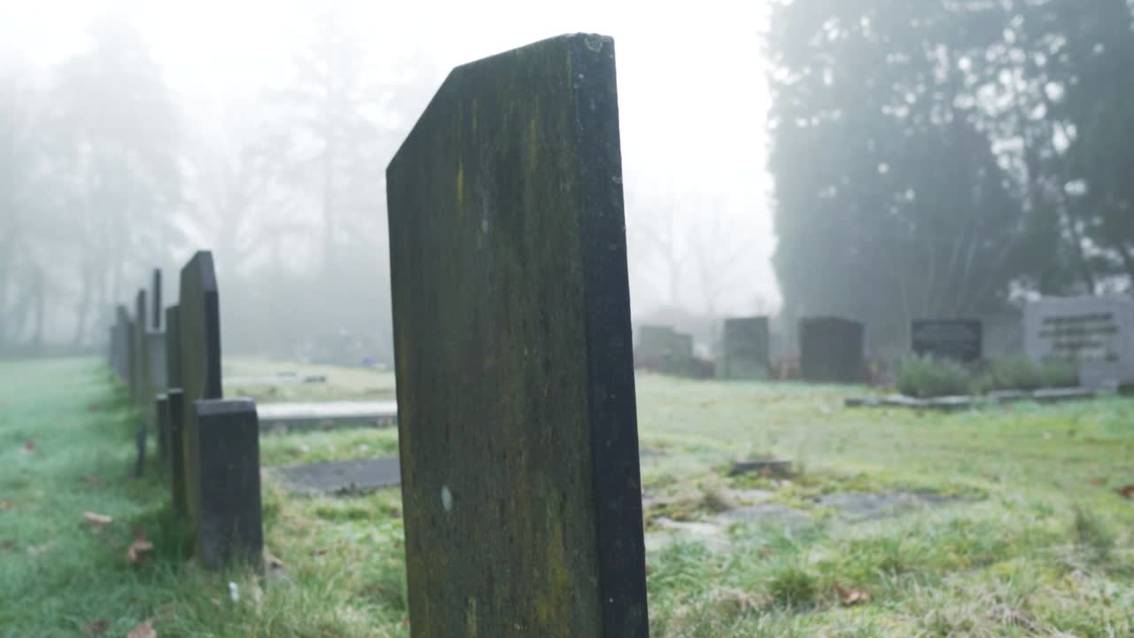 새벽에 안개가 가득한 묘지