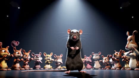 animated rat on stage with friends