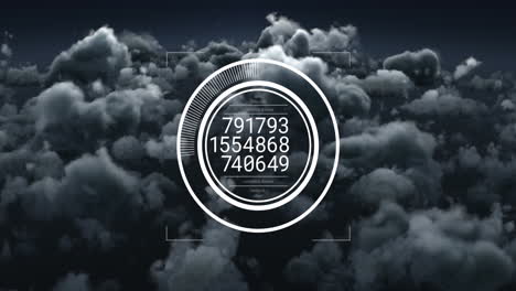 animación del procesamiento de datos a través de un escáner redondo contra nubes oscuras en el cielo.