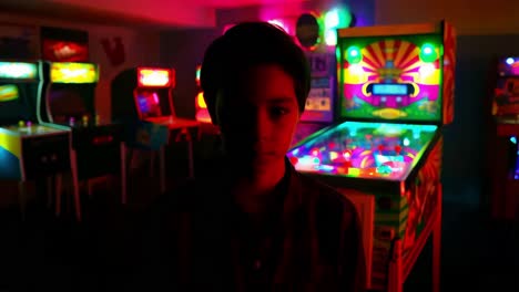 teenager in a colorful arcade game room