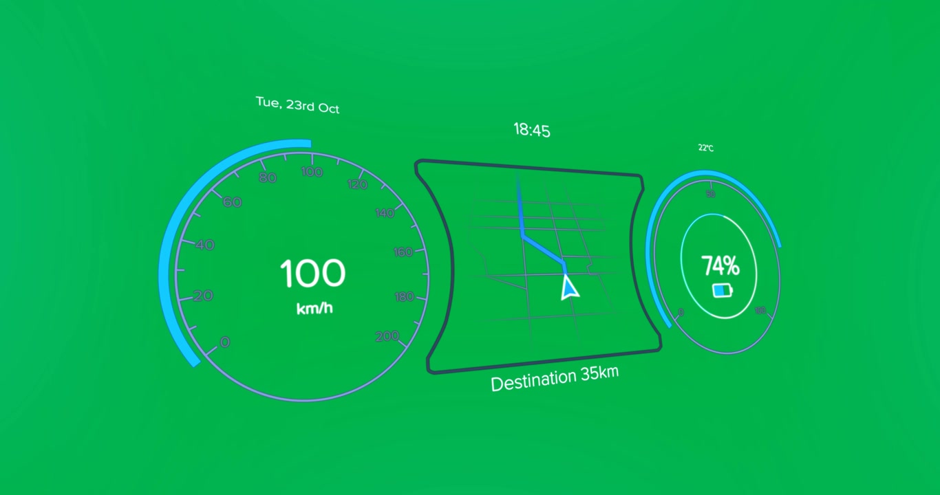 Digital Car Dashboard Interface with Speedometer and Navigation Map