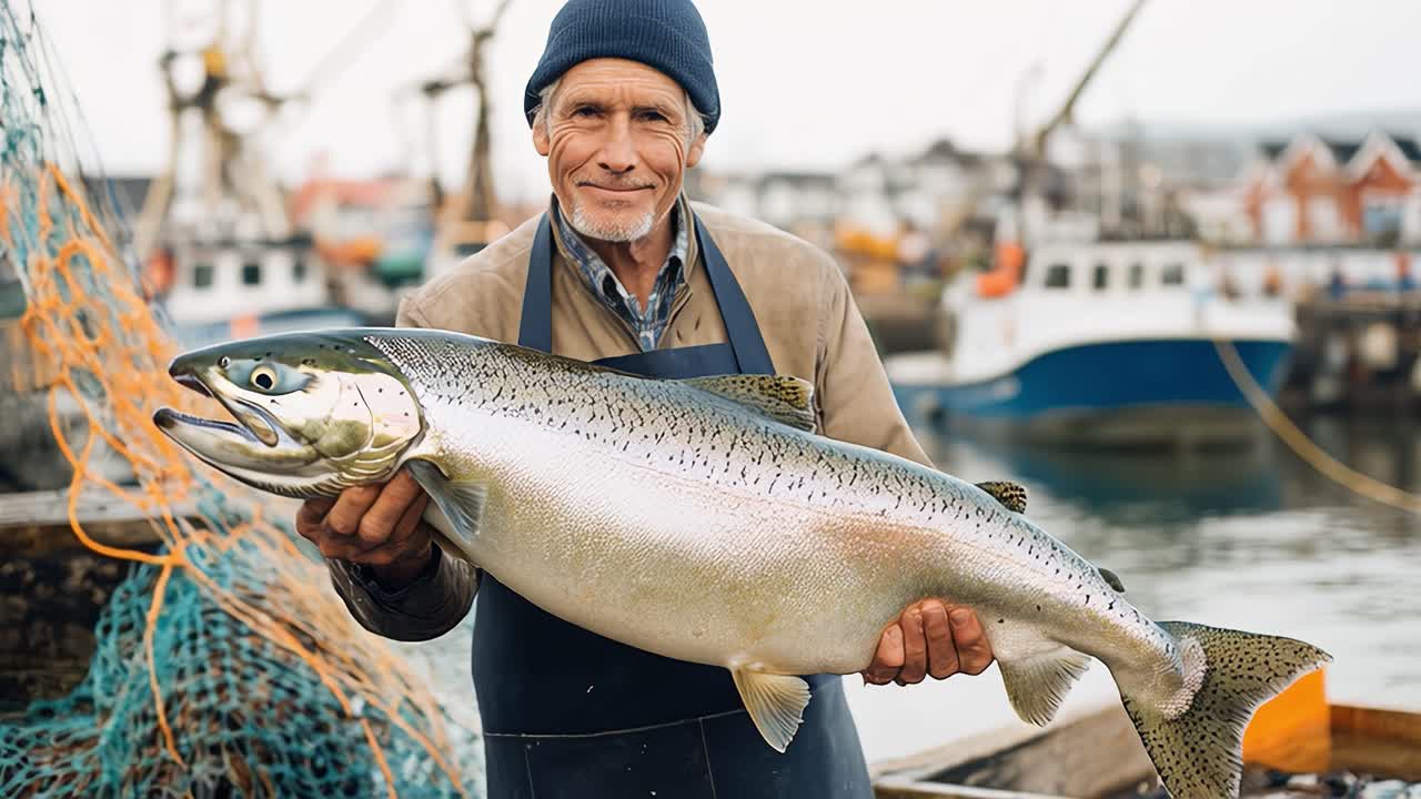 Fisherman showing big salmon on fishing boat dock