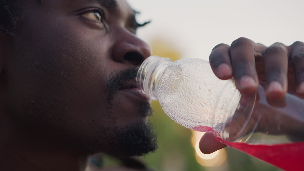 Black Soldier Drinking Red Beverage After Patrol, Closeup Of Bottle And Lips, Camouflage Jacket And Park Lights In Background, Moment Of Relief And Simple Comfort Captured In Cinematic Detail