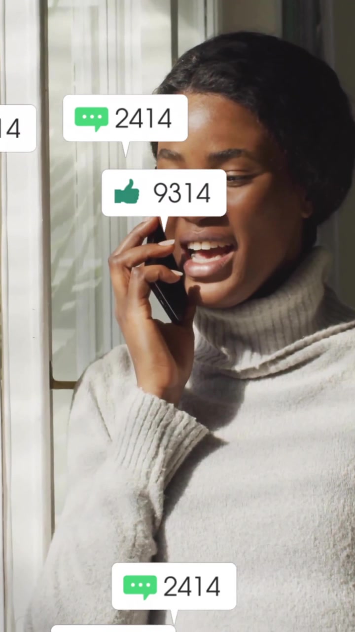Talking on phone, woman surrounded by animation of social media notifications