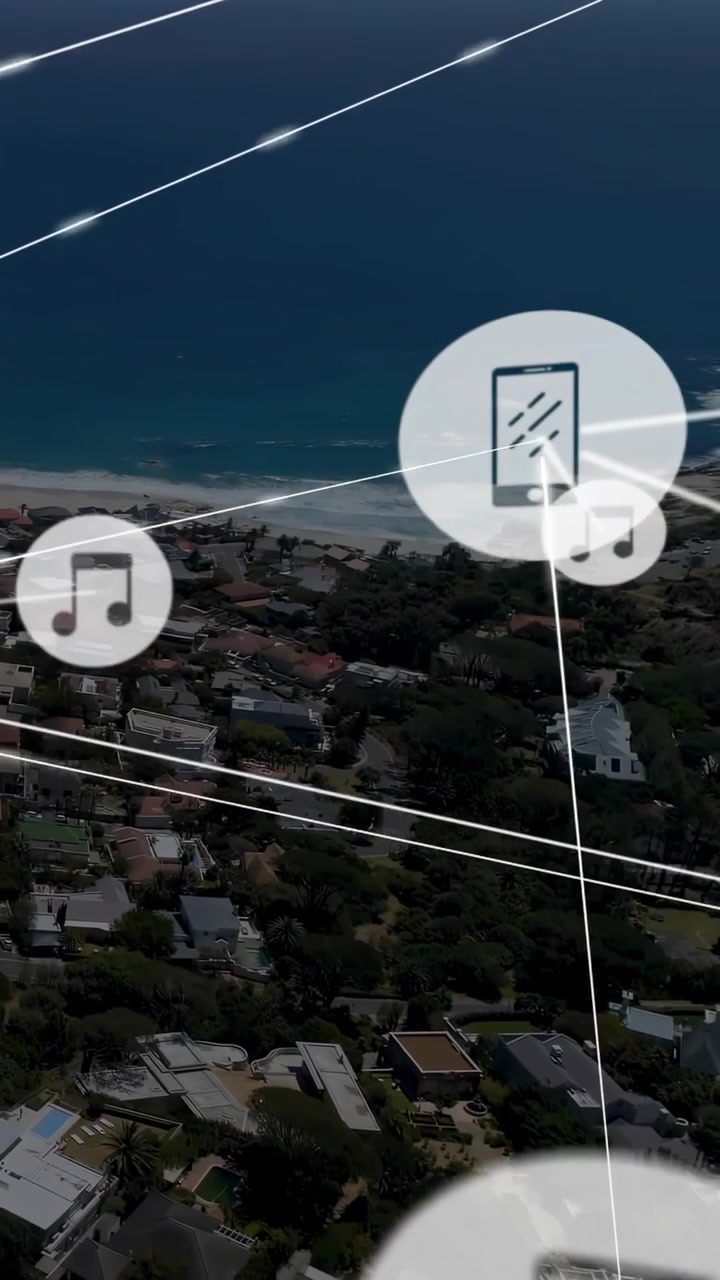 Vertical video: Camera panning overlay fading nodes linking and lines moving over sea showing links