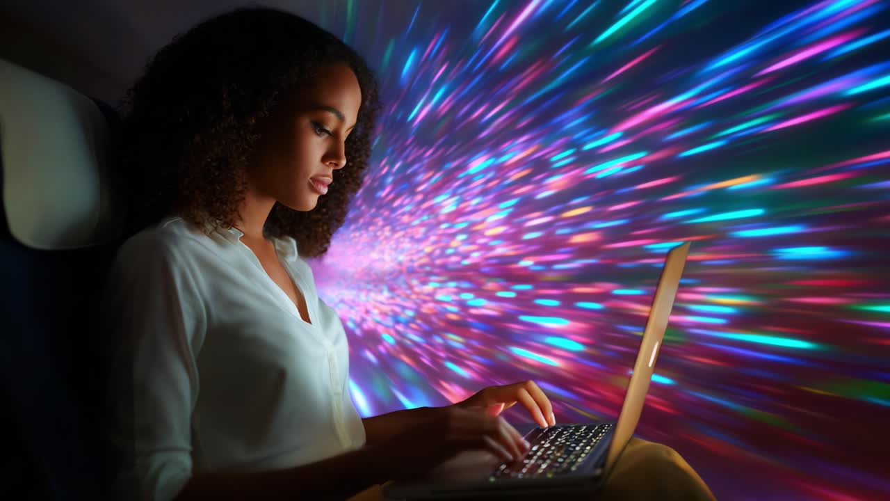 A Journey Through Digital Realms: A Young Woman Engaged in Creative Work on Her Laptop Amidst a Vivid Display of Colorful Light Trails, Merging Technology with Artistic Imagination in a Unique Environment