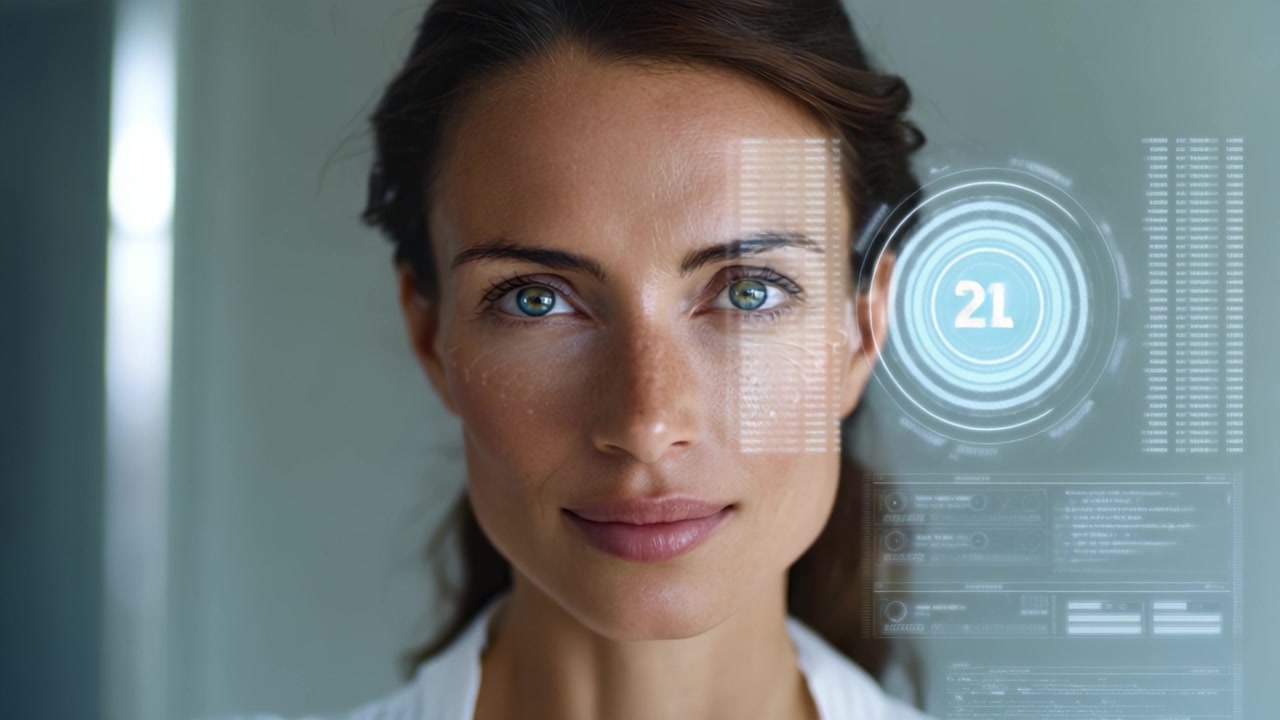 Una donna sicura di sé si staglia su uno sfondo moderno, mostrando un'espressione serena mentre grafiche digitali avanzate ne esaltano la presenza coinvolgente.