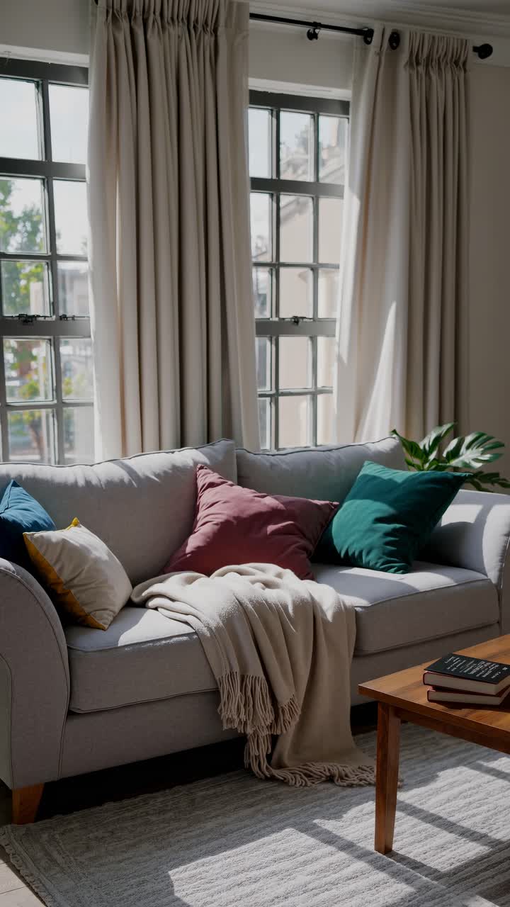 Accogliente soggiorno con divano moderno, cuscini colorati e illuminazione soffusa
