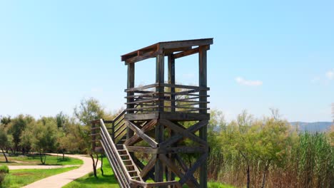 Gimbal-crane-shot-of-a-wooden-tower-tree-stand-with-viewing-point-in-a-circular-movement-on-a-sunny-day-in-park