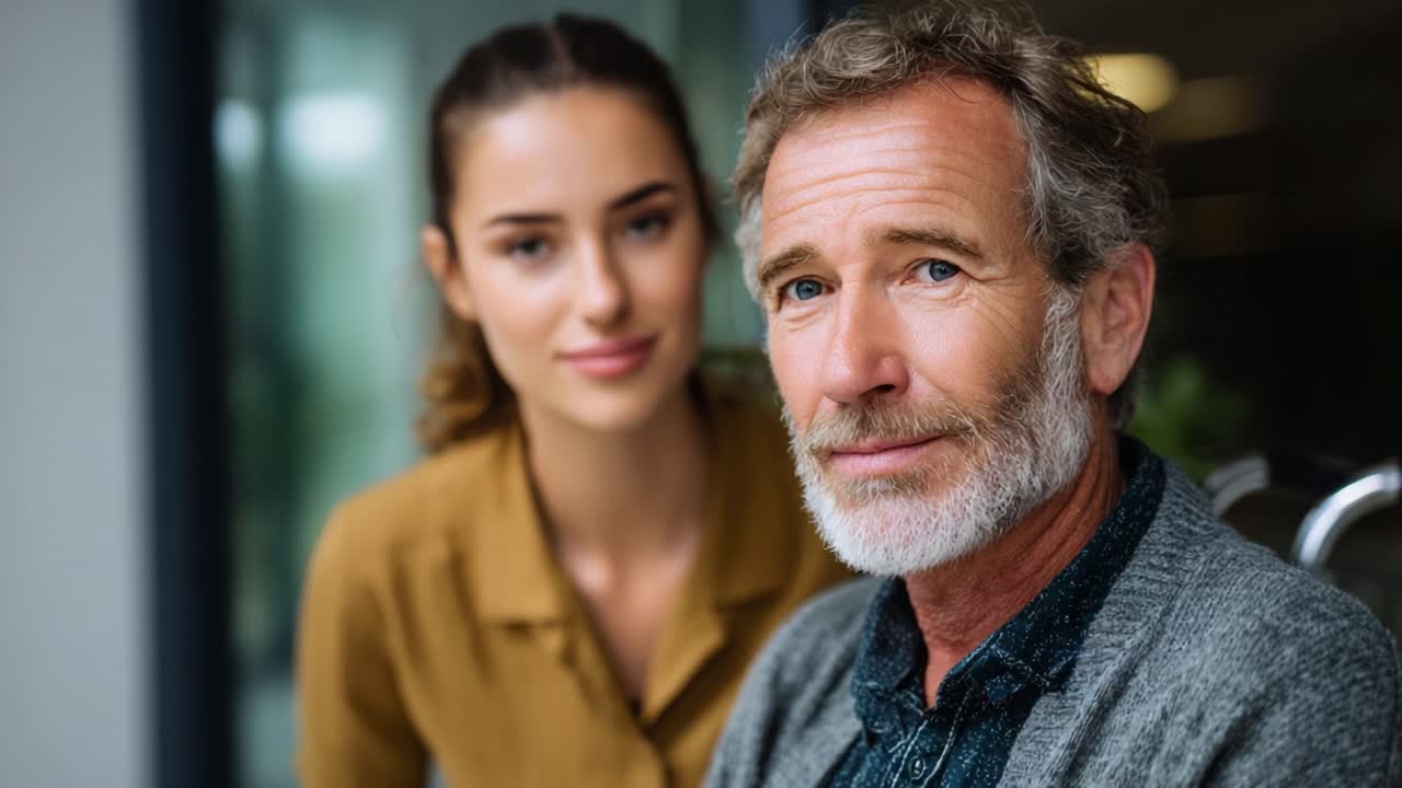 A Warm Interaction between Two Individuals, Featuring a Mature Man with Salt-and-Pepper Hair and a Young Woman with a Confident Expression in an Indoor Setting