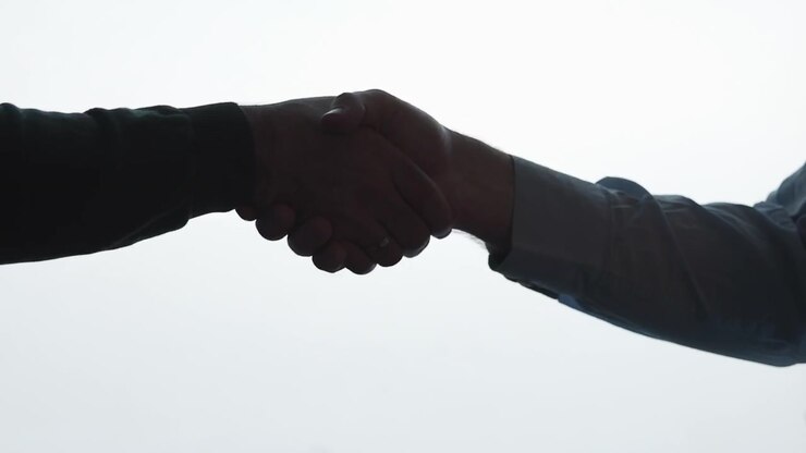 Two hands and forearms meet in firm handshake centered against bright high-key background, creating strong silhouette, clear contact, and clean corporate visual for trust, agreement, and partnership