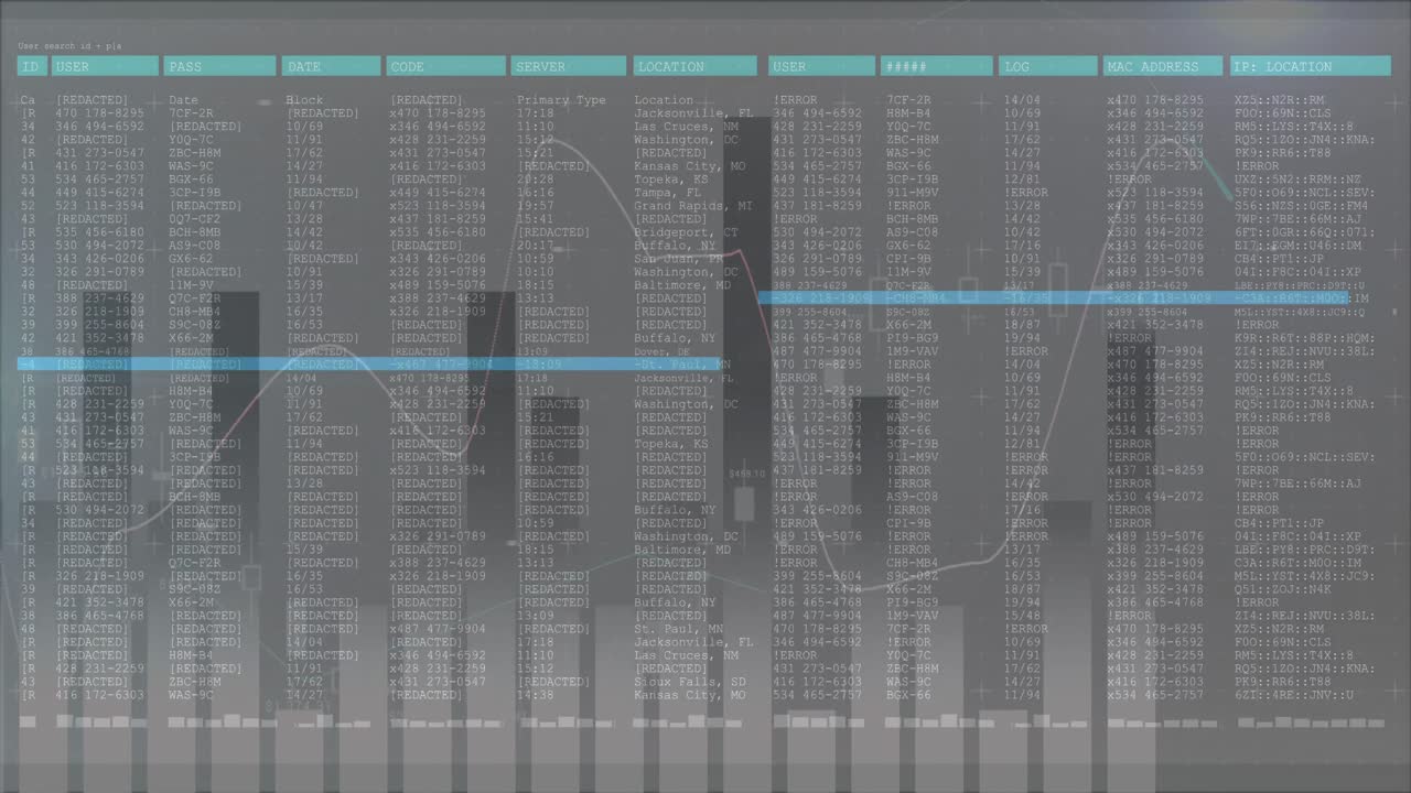 Animation of data processing on screen with statistics recording on grey background