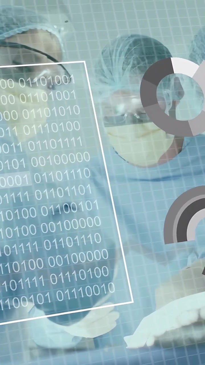 Vertical video: OR team leaning in, binary panel fading in and overlaying HUD, guiding surgery