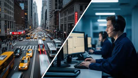 urban dynamics: the contrast between a busy city street full of traffic and the focused environment of a call center office