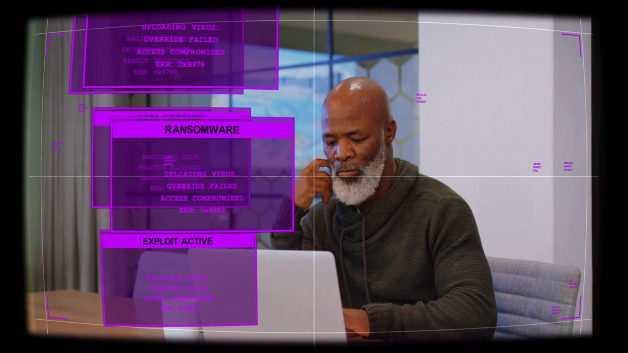 Man seeing magenta alerts stacking, phoning while typing on laptop, addressing security breach