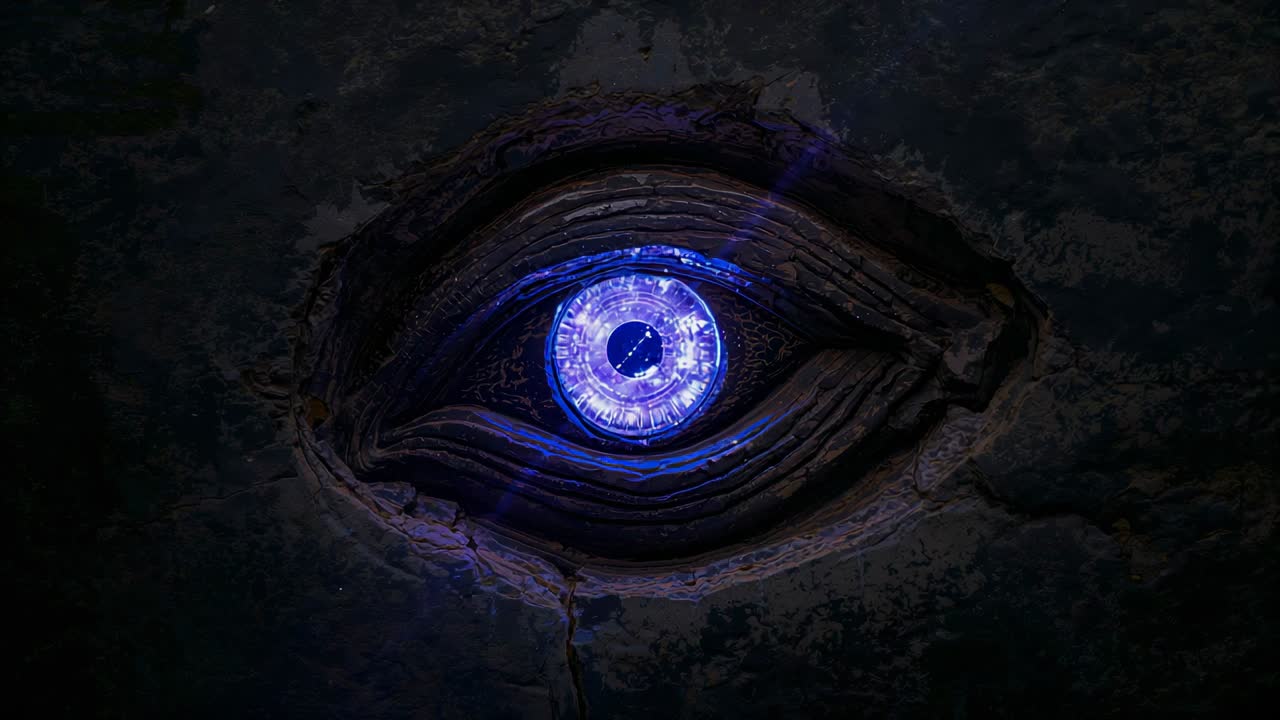 Cybernetic eye receiving power signal, illuminating and closing in bark, repeating cycle