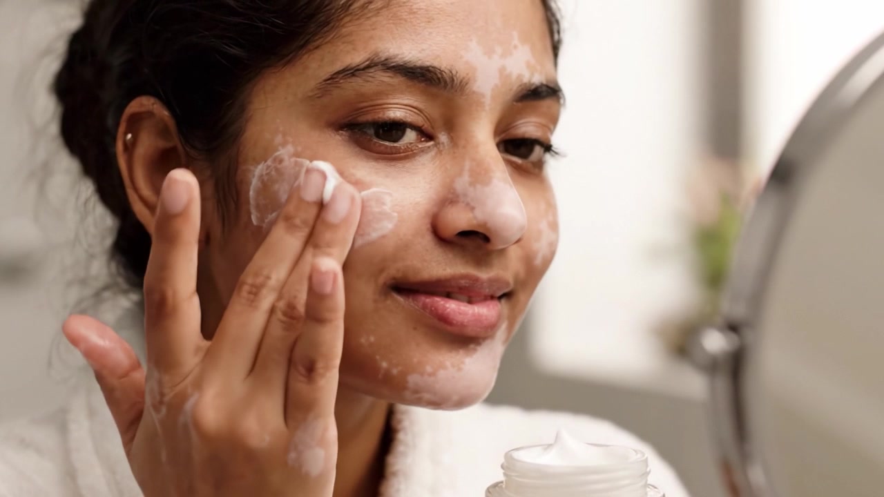 Skincare Routine: Applying and Massaging Cleansing Cream on Face for Healthy Complexion in a Refreshing Self-Care Session