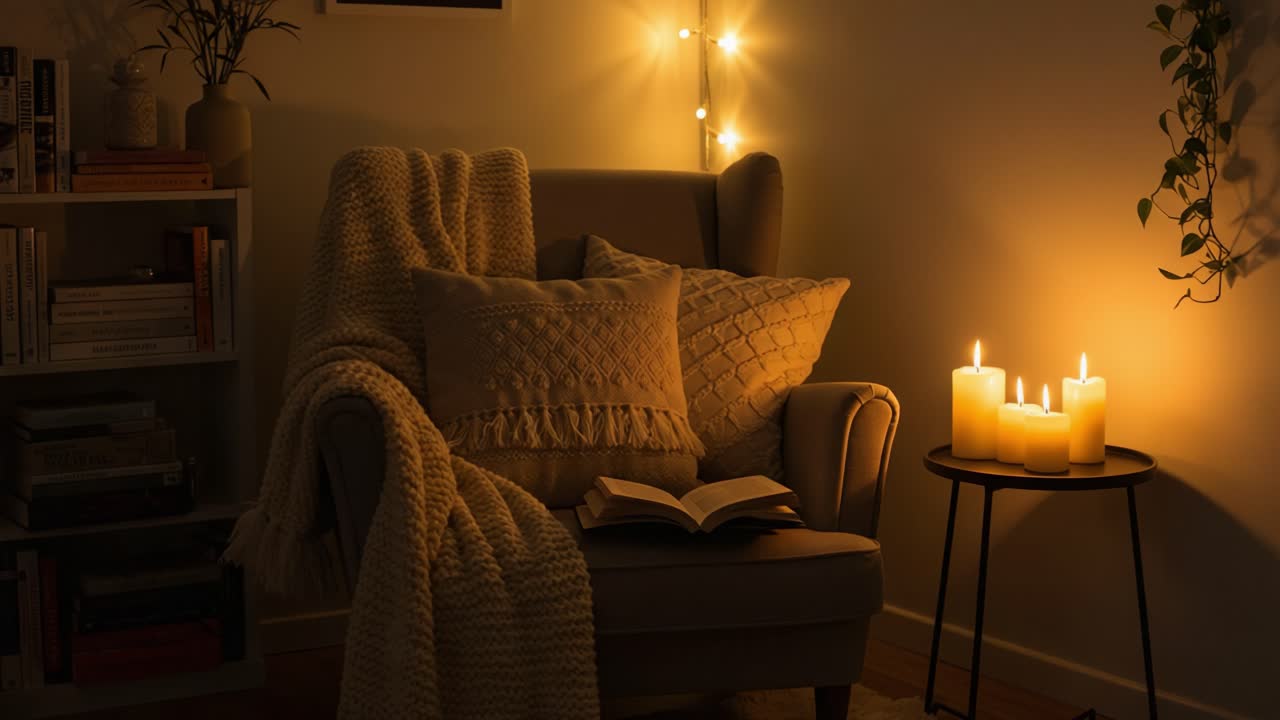 A Cozy Evening: A Warmly Lit Chair with Soft Textiles, an Open Book, and Flickering Candlelight Creating an Inviting Atmosphere for Relaxation and Reading
