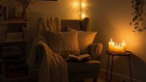 a cozy evening: a warmly lit chair with soft textiles, an open book, and flickering candlelight creating an inviting atmosphere for relaxation and reading