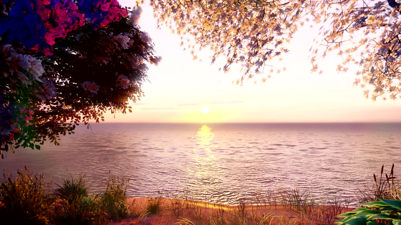 아름다운 나무, 허브, 새, 숲 식물의 야생 정글에 있는 호수, 여행과 모험, 잃어버린 땅의 놀라운 풍경, 아름다운 자연 루프 배경.