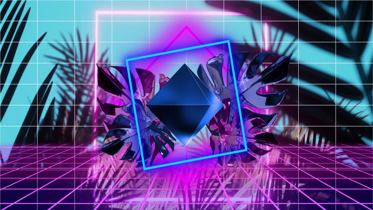 네온 프레임과 3d 다이아몬드 애니메이션이 열대 잎을 가로질러 움직입니다.