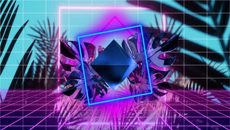 animation of neon frame and 3d diamond moving over tropical leaves background