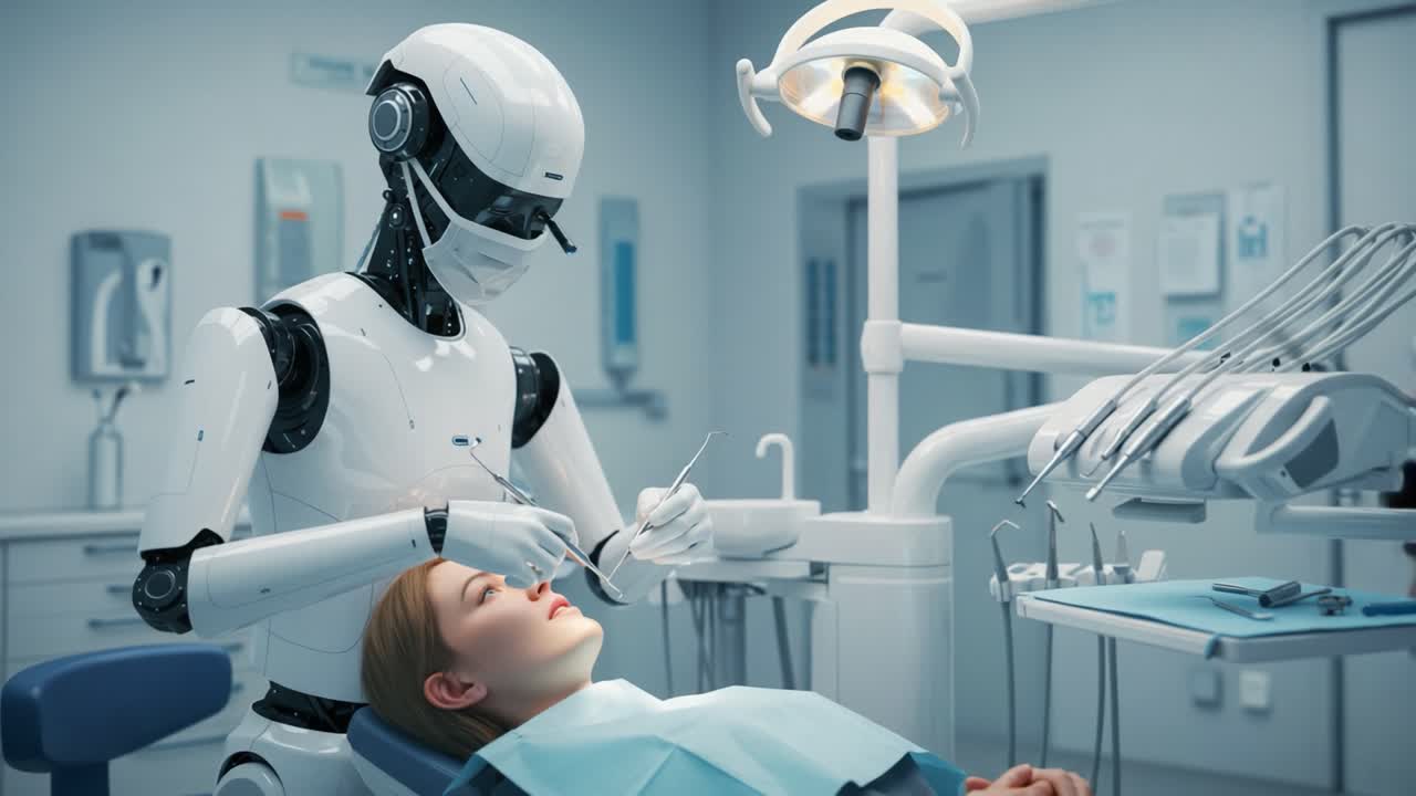 A Futuristic Dental Setup Featuring a Robot Dentist Performing a Procedure on a Patient, Showcasing Advanced Robotics in Healthcare Environments