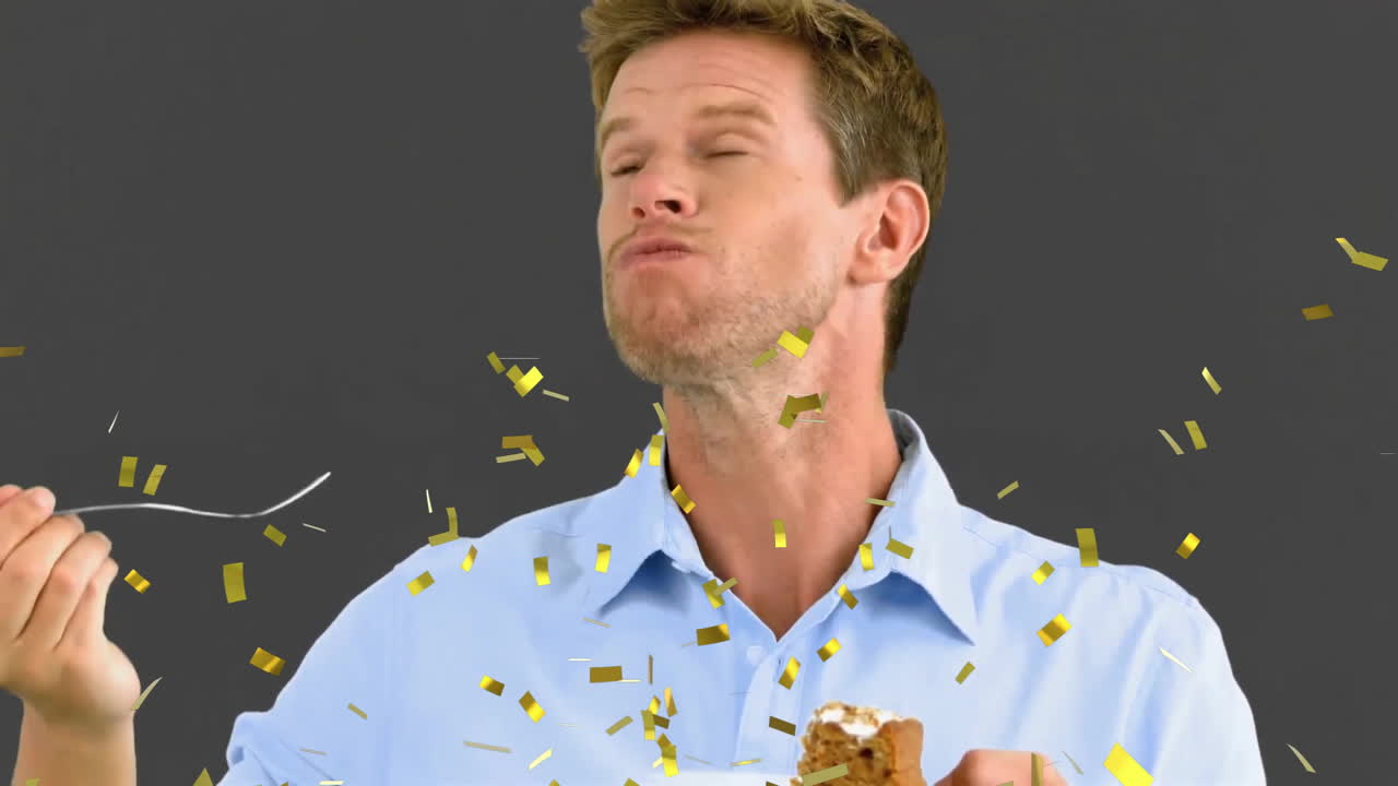 쿠키를 먹는 사람, 축제 축하에서 떨어지는 콘페티 애니메이션으로 둘러싸인 사람