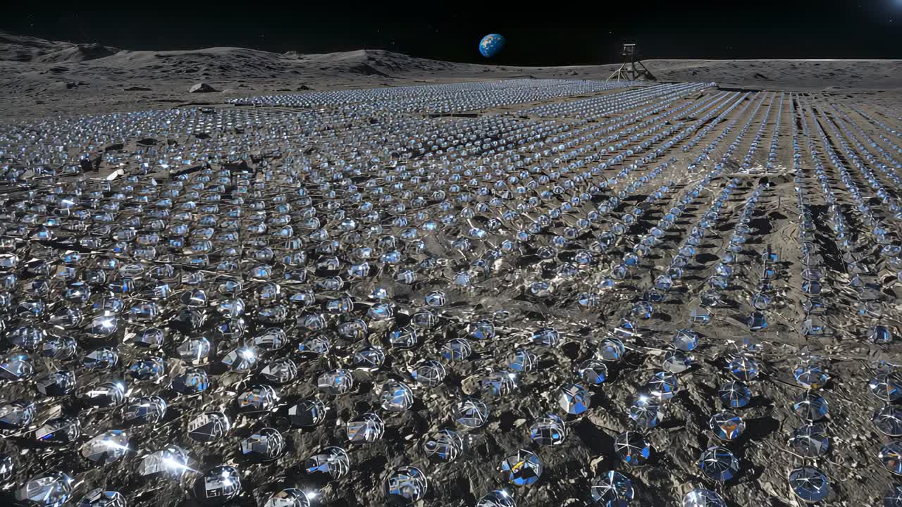 Panning camera surveying dense lunar mirror array on regolith, Earth and lander visible