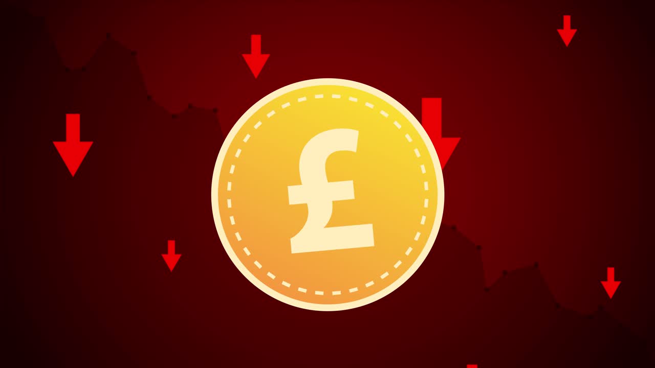 concepto de dinero británico con flechas rojas que se quedan atrás en el mercado bajista