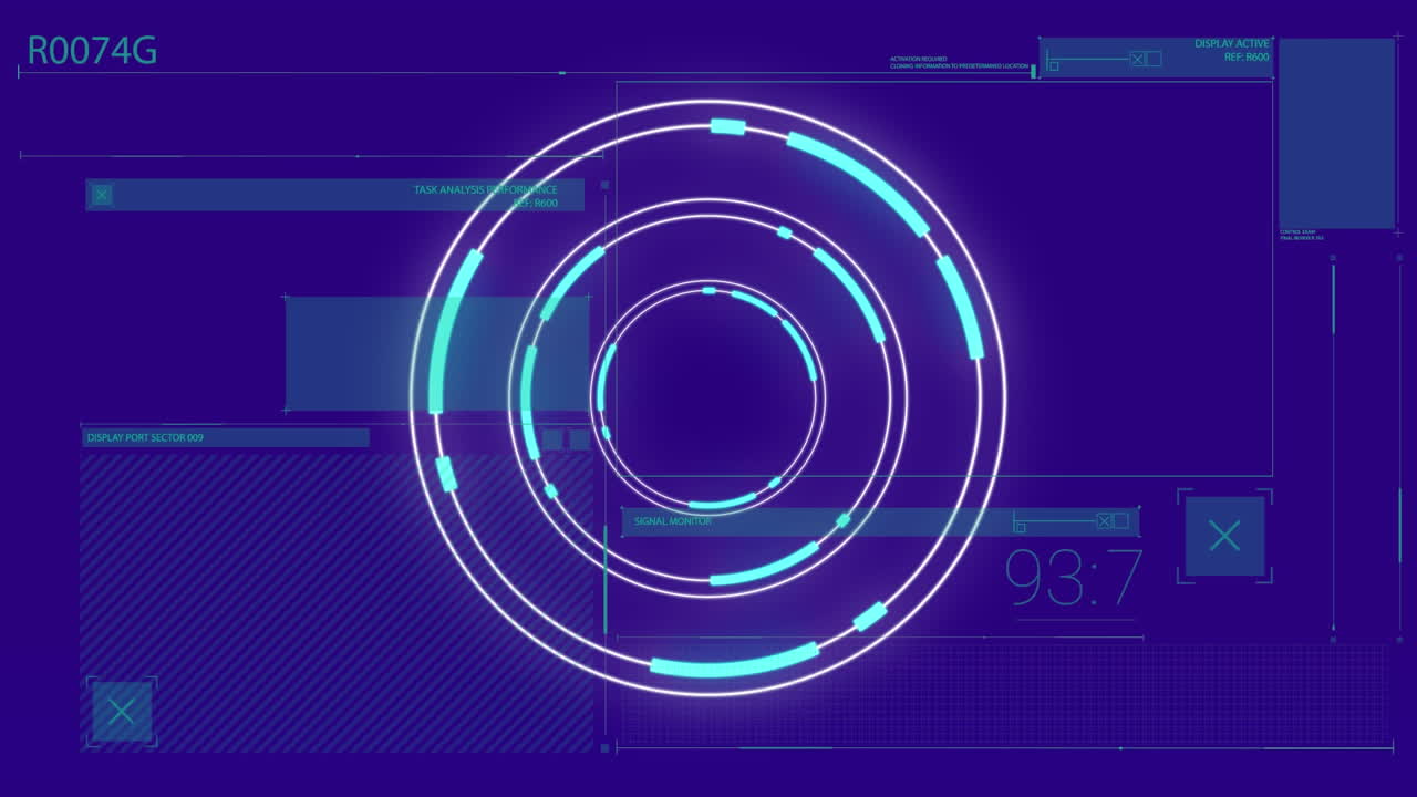 Animation of loading circles, changing numbers and lines over blue background