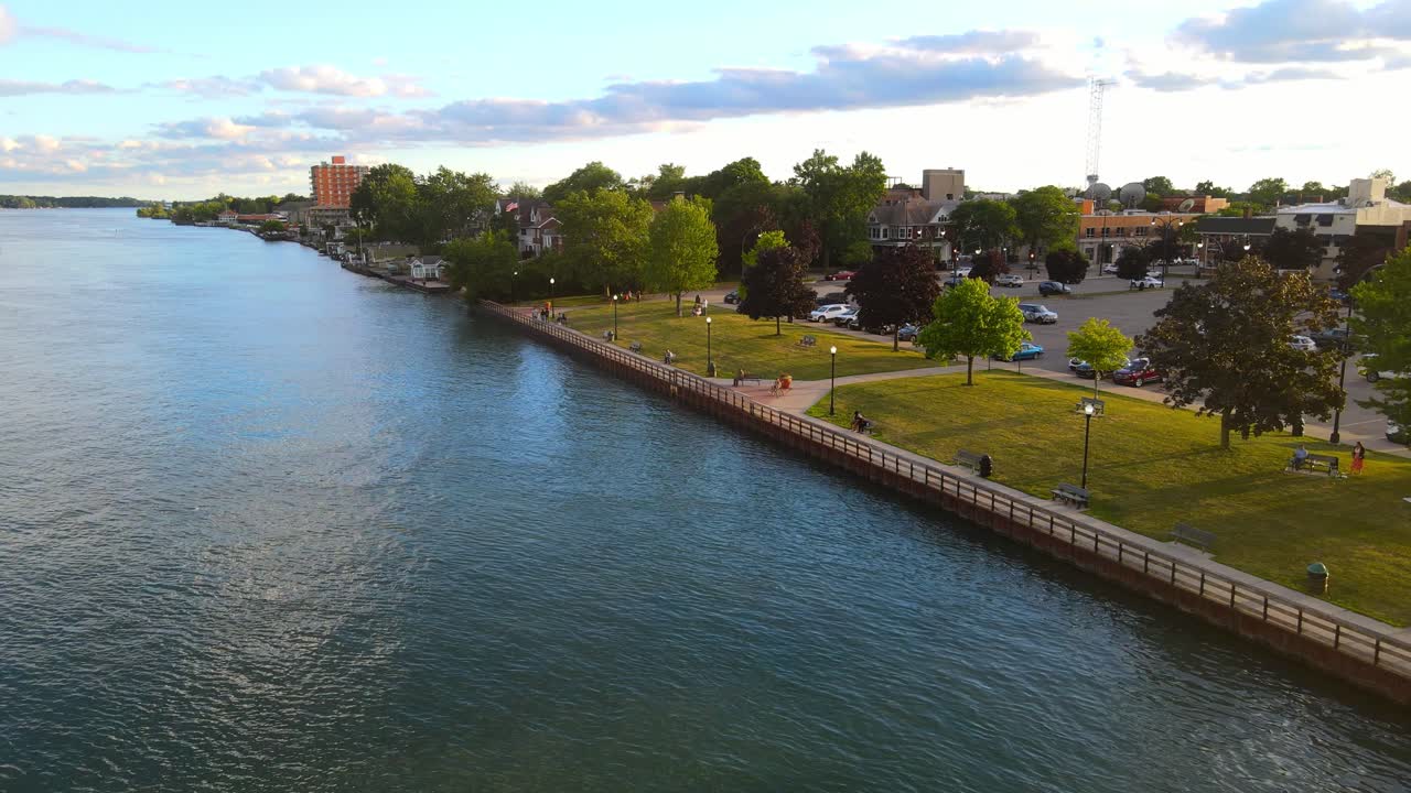 Wyandotte township on coast of Detroit river, aerial drone view