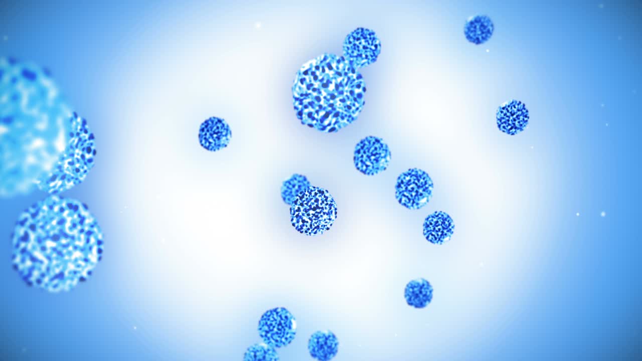 célula de virus en forma esférica. virus patógenos que causan infección. animación en bucle de virus humanos. microorganismo bacteriano. brote de enfermedad viral.
