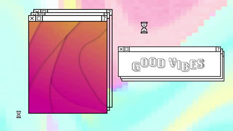 animation of good vibes text and computer screens over neon pattern background