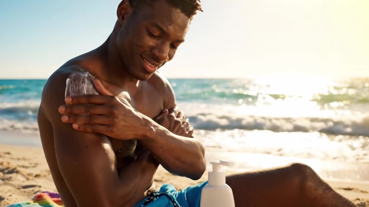 A Man Applying Sunscreen at the Beach, Enjoying a Sunny Day with Waves and a Scenic Ocean View as He Prepares for Fun in the Sun and Protects His Skin.