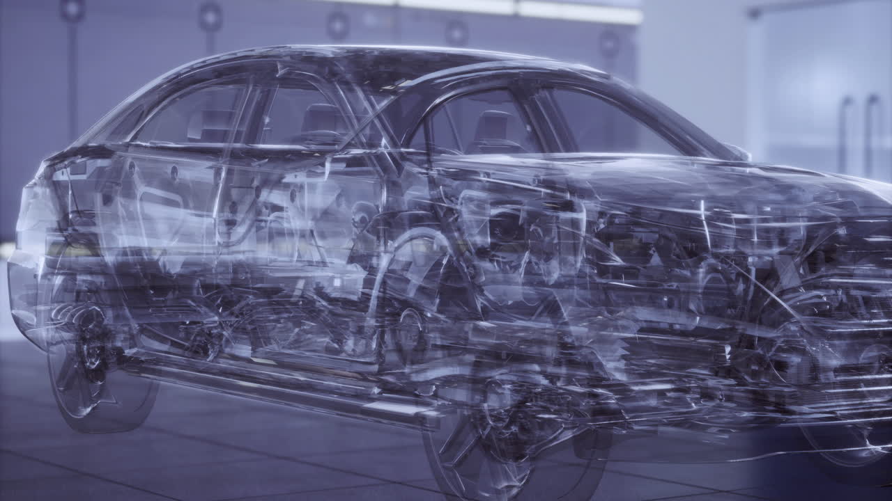 Transparent car reveals intricate internal designs in a modern showroom