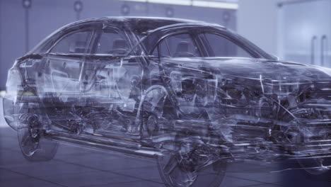 transparent car reveals intricate internal designs in a modern showroom