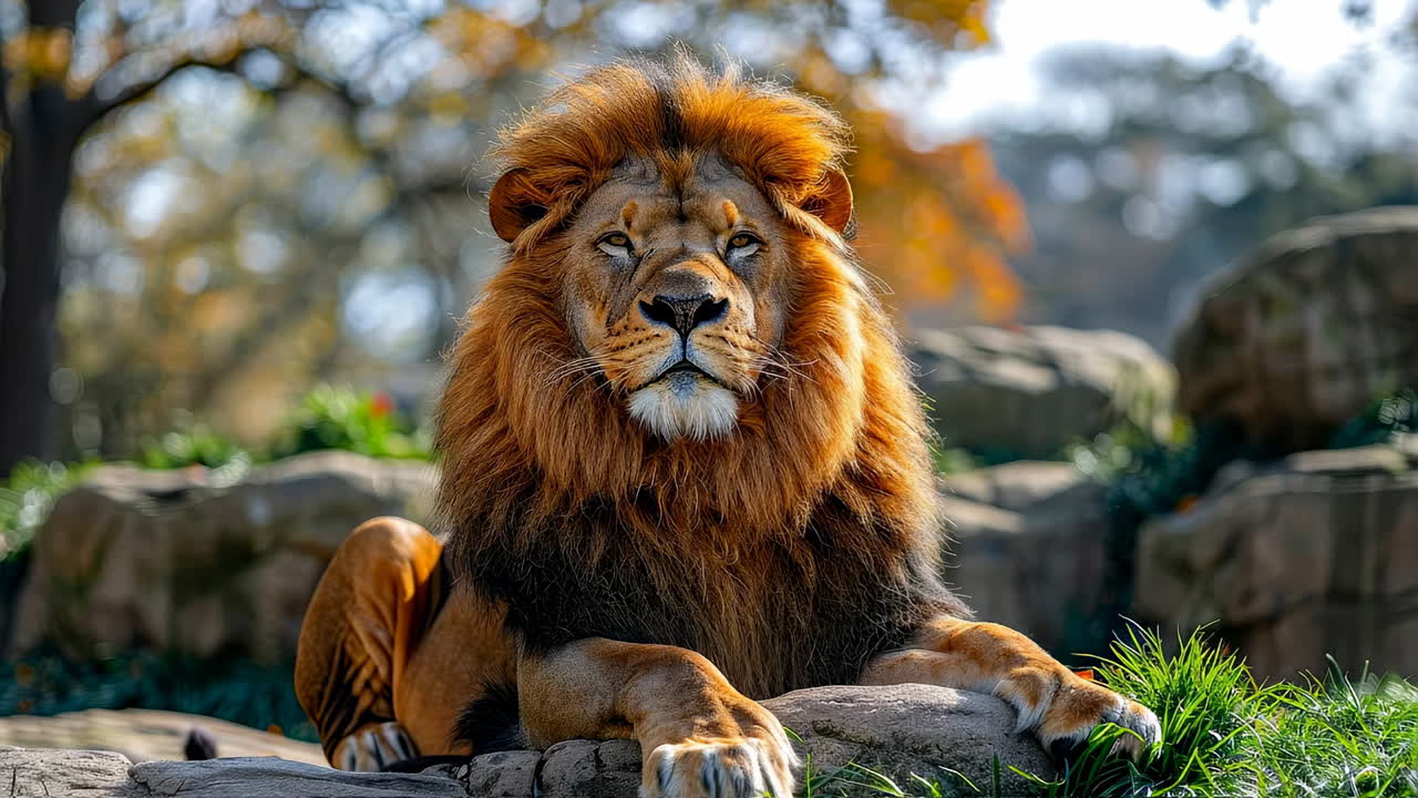 Majestic lion resting in sunny habitat. A lion relaxes on a rock in a vibrant environment under bright sunlight. Its mane glows in the warm light