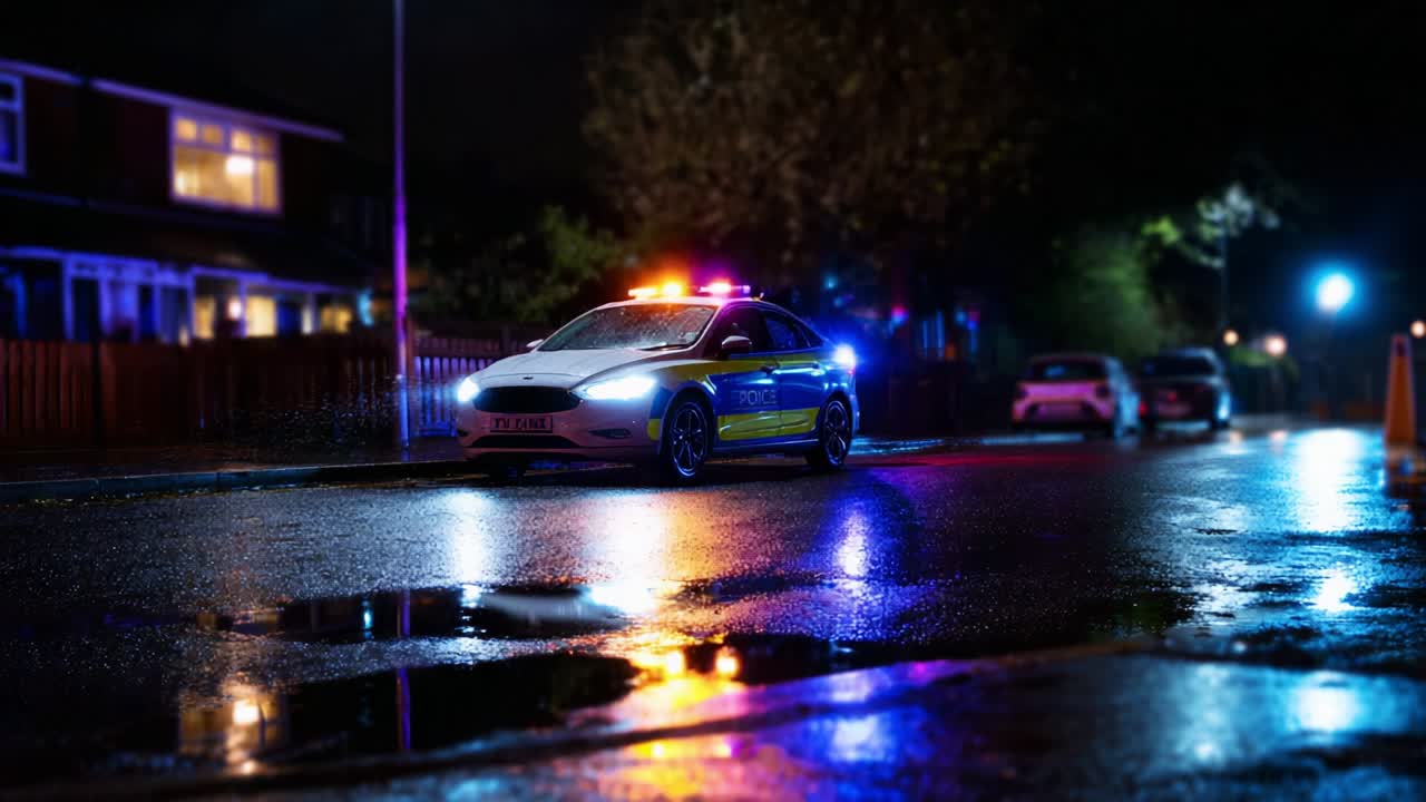A striking night scene features a police car illuminated by vibrant blue and red lights, reflecting off wet pavement, amidst a quiet suburban neighborhood in the background creating a vivid contrast
