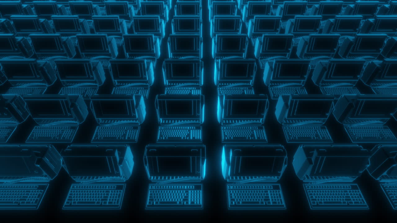 Infinite Symmetrical Rows of Holographic Old Computers - 3D Motion Graphic Animation