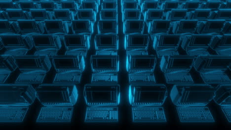 infinite symmetrical rows of holographic old computers - 3d motion graphic animation