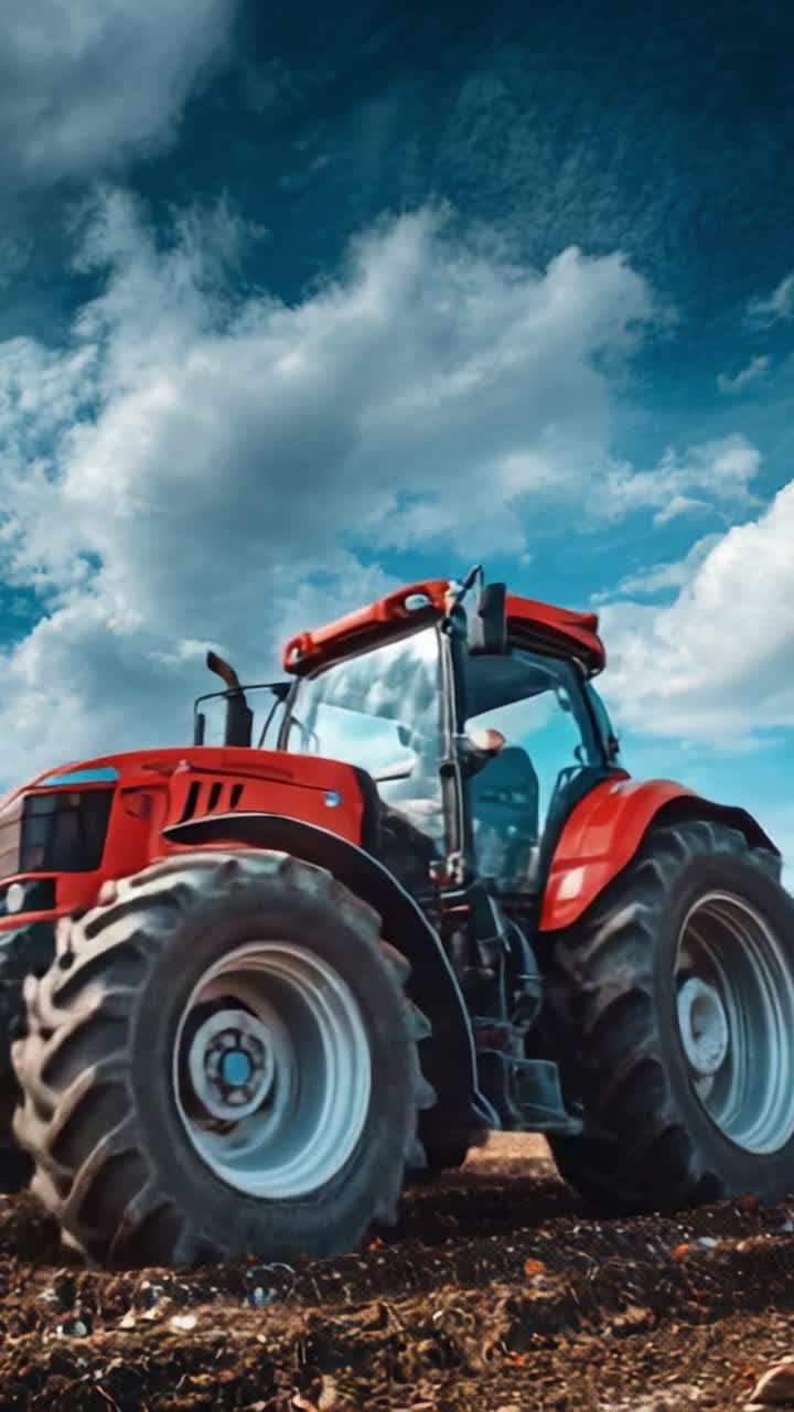 Un potente trattore in azione: che cattura l'essenza dell'agricoltura moderna con un sorprendente trattore rosso contro un cielo drammatico e un terreno fertile