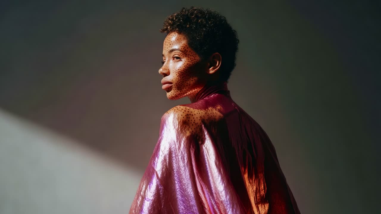 A Captivating Portrait of a Confident Individual in a Shimmering Pink Garment, Highlighting Unique Facial Features and Artistic Lighting in a Soft Background