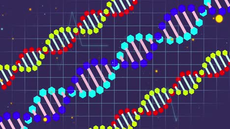 Animation-of-icons,-dna-strands-over-data-processing