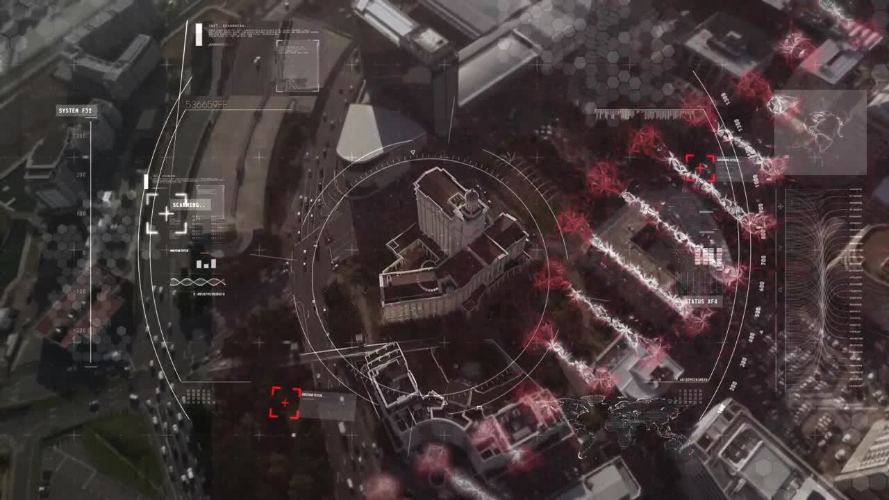 Animation of dna strand and scope scanning over cityscape