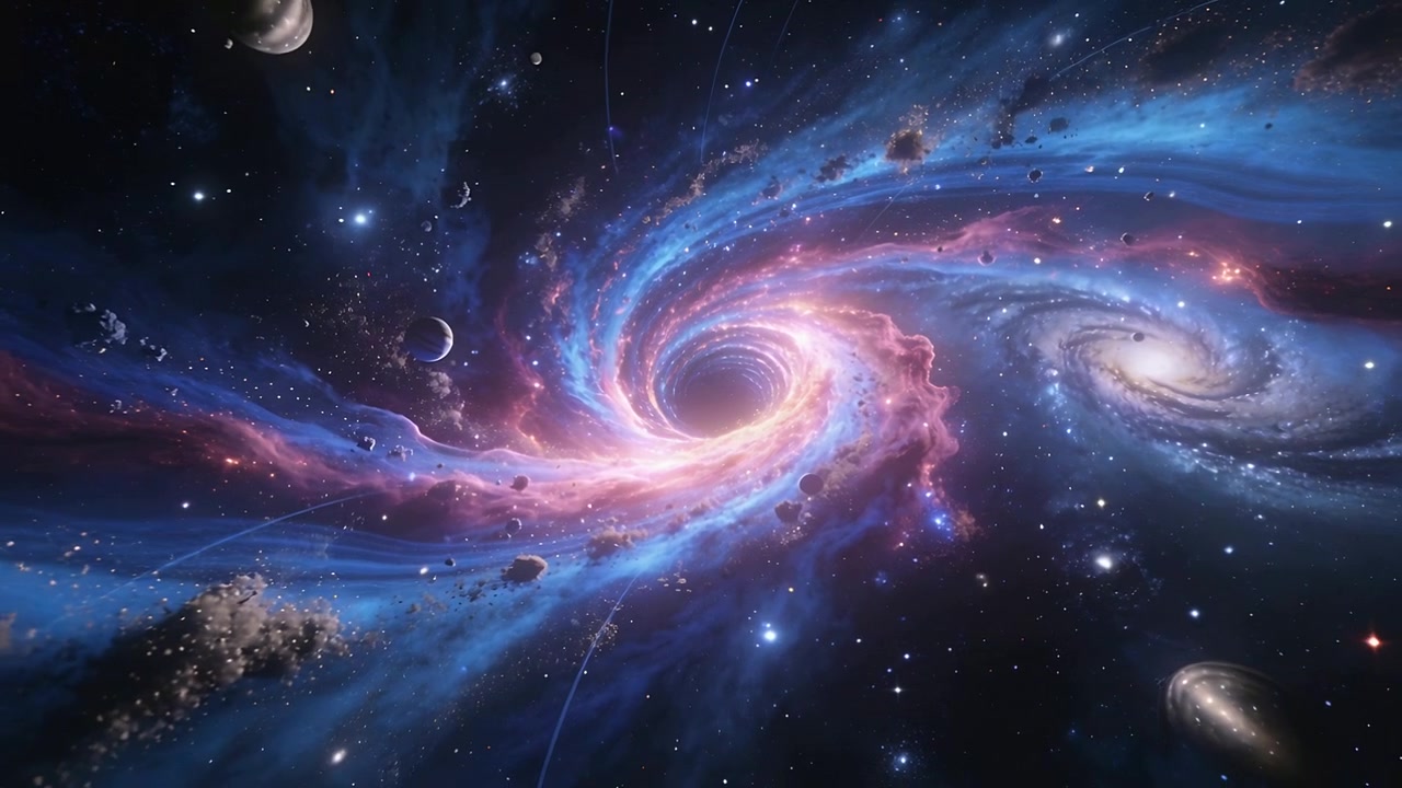 Nucleo che si illumina causando un vortice a spirale rotante che attira polvere e rocce verso l'interno verso i pianeti a sinistra nello spazio